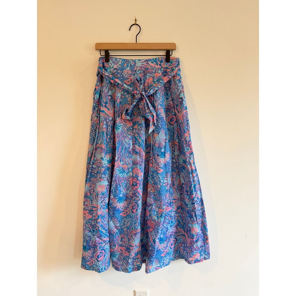 Talbots Women Blue Pink Tropical Floral Cotton Maxi Skirt Size 10 Belted A-Line
